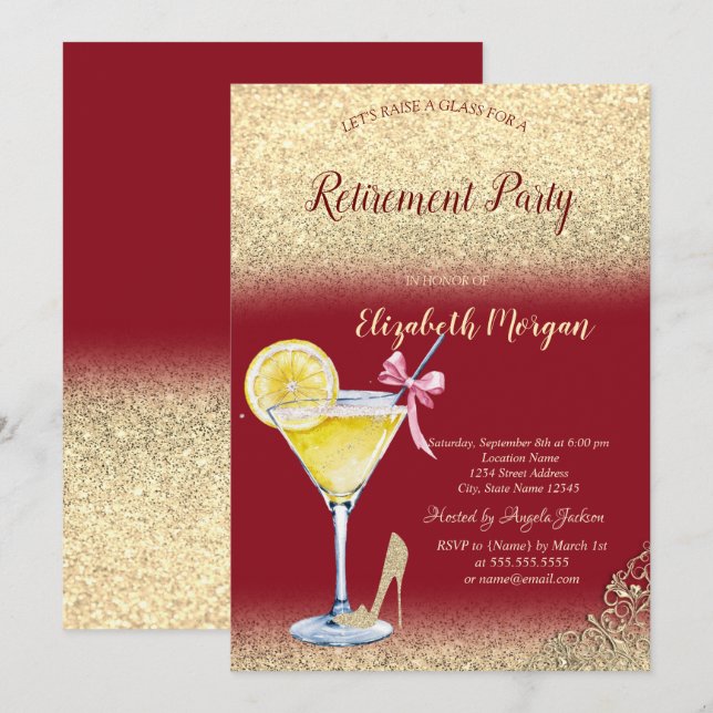 Cocktail Lemon Gold Glitter Red Retirement Invitation (Front/Back)