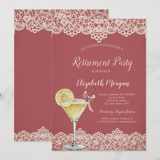 Cocktail Lemon Lace Red Retirement Invitation (Front/Back)