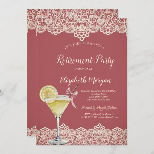 Cocktail Lemon Lace Red Retirement Invitation