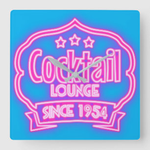 Cocktail lounge retro vintage neon look sign  square wall clock