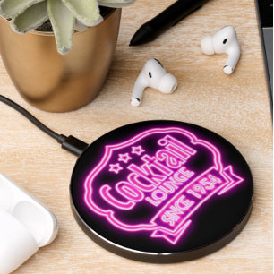 Cocktail lounge vintage neon look sign black wireless charger