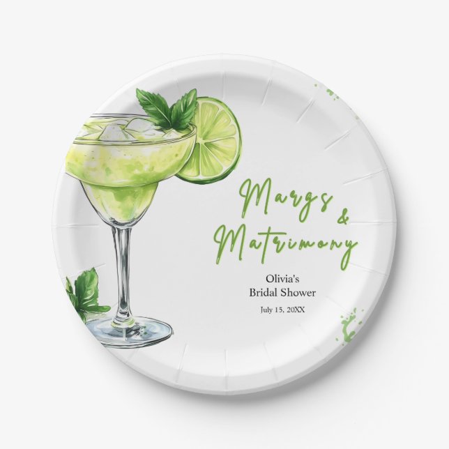 Cocktail Margs and Matrimony Bridal Shower Paper Plates (Front)