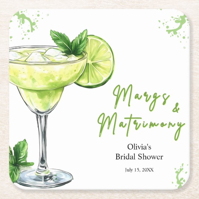 Cocktail Margs and Matrimony Bridal Shower Square Paper Coaster (Front)