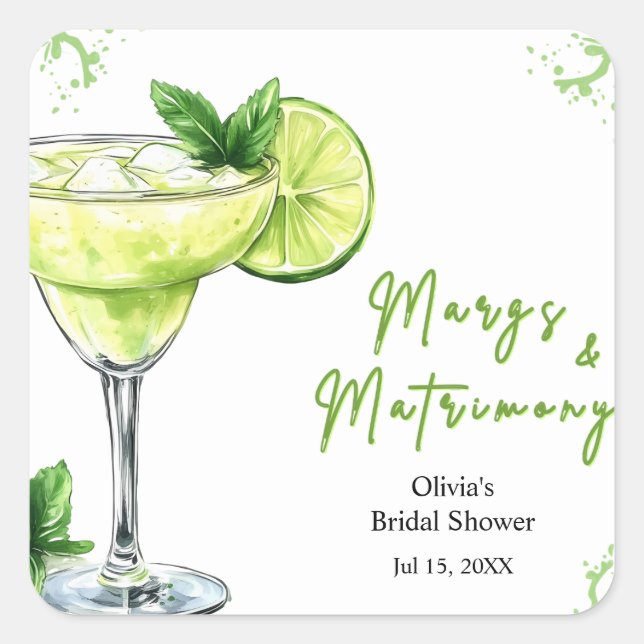 Cocktail Margs and Matrimony Bridal Shower Square Sticker (Front)