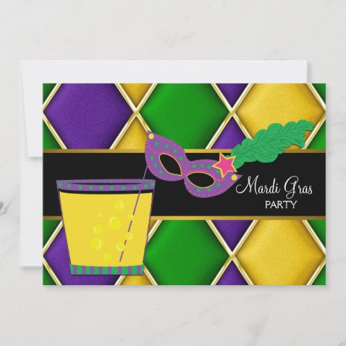 Cocktail Mask Fleur de Lis Mardi Gras Party Invitation