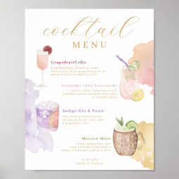 Cocktail Menu Watercolor Wedding Bar Drink Menu Poster | Zazzle