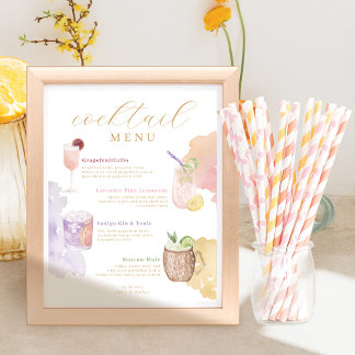 Cocktail Menu Watercolor Wedding Bar Drink Menu Poster