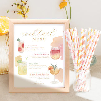 Cocktail Menu Watercolor Wedding Bar Drink Menu Poster