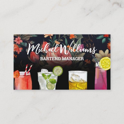Cocktail Mix Drinks  Floral Background Business Card