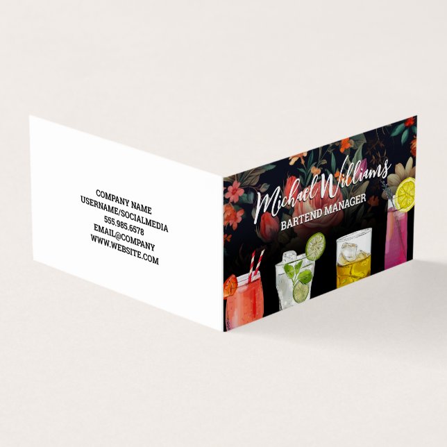 Cocktail Mix Drinks | Floral Background Business Card (Outside)