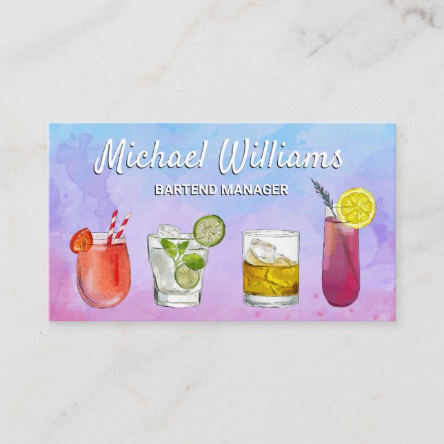 Cocktail Mix Drinks | Mixology Watercolor Business Card (Front)