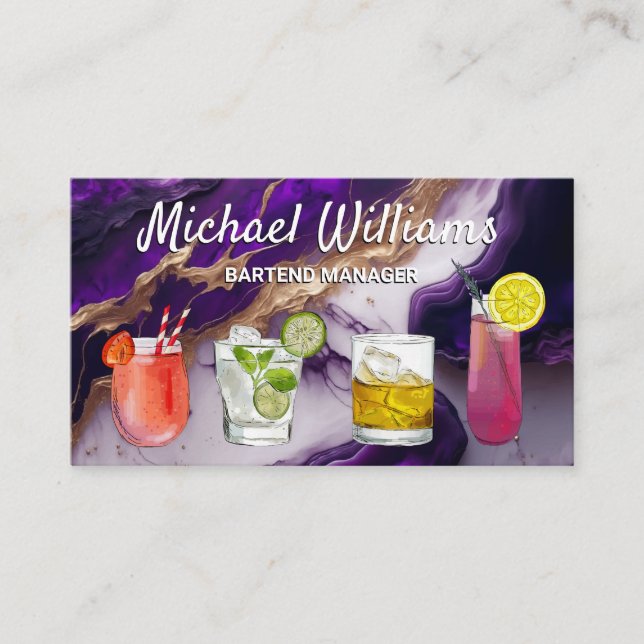 Cocktail Mix Drinks | Purple Gold Marble Business Card (Front)