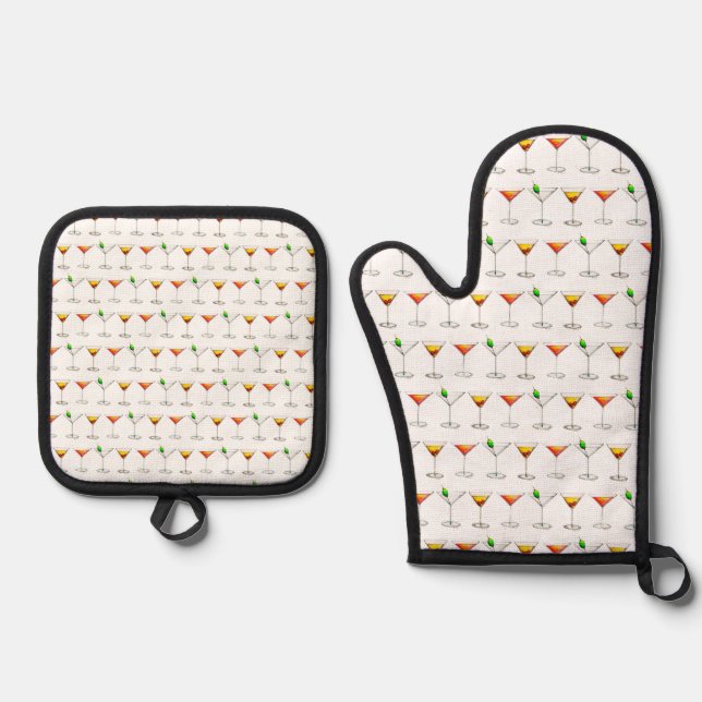 Cocktail Mixed Drink Martini Manhattan Cosmo Glass Oven Mitt & Pot Holder Set (Front)