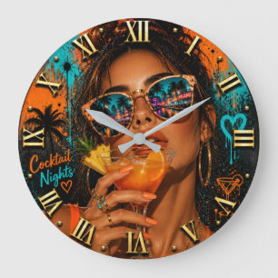 Cocktail Nights Fashion Miami Nightlife Pop Art Large Clock
