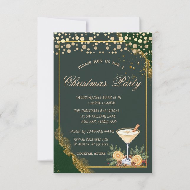 Cocktail Orange Dots Green Company Christmas Party Invitation (Front)