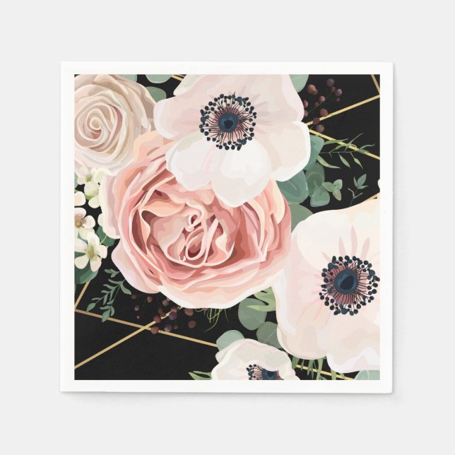 Cocktail Paper Napkin Geometric Garden Rose Black (Front)