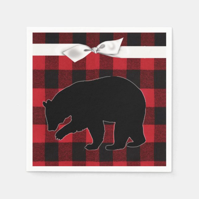 Cocktail Paper Napkin Red Plaid Black Bear (Front)