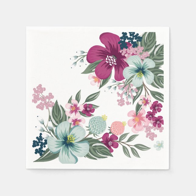 Cocktail Paper Napkin Tropical Flowers on White (Front)