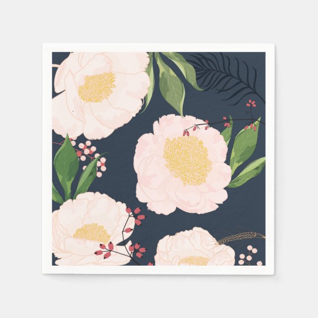 Cocktail Paper Napkin White Floral Flowers on Dark (Front)