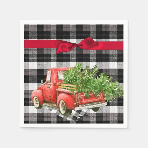 Cocktail Paper Napkin XMAS Truck Buffalo Plaid Bla