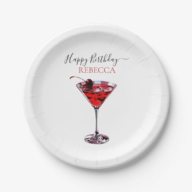 Cocktail Party Cherry Martini Happy Birthday Paper Plates (Front)