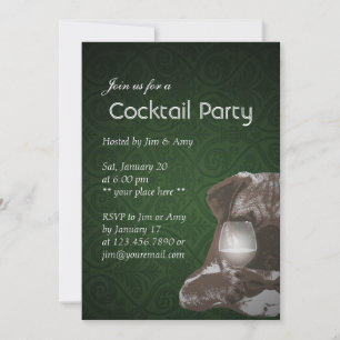 Cocktail Party Green Damask Pug & Fine Wine Invitation
