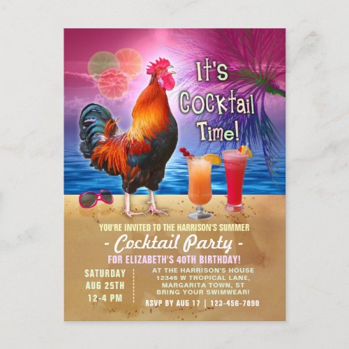 Cocktail Party Tropical Rooster Funny Birthday Invitation Postcard