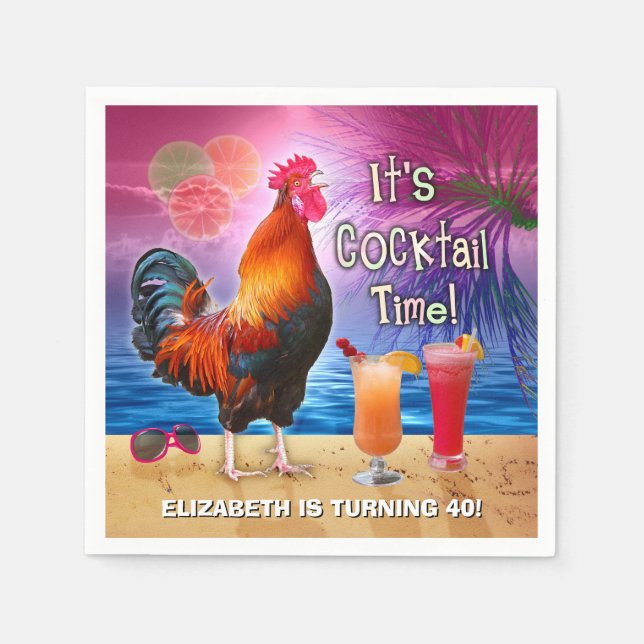 Cocktail Party Tropical Rooster Funny Birthday Napkins (Front)