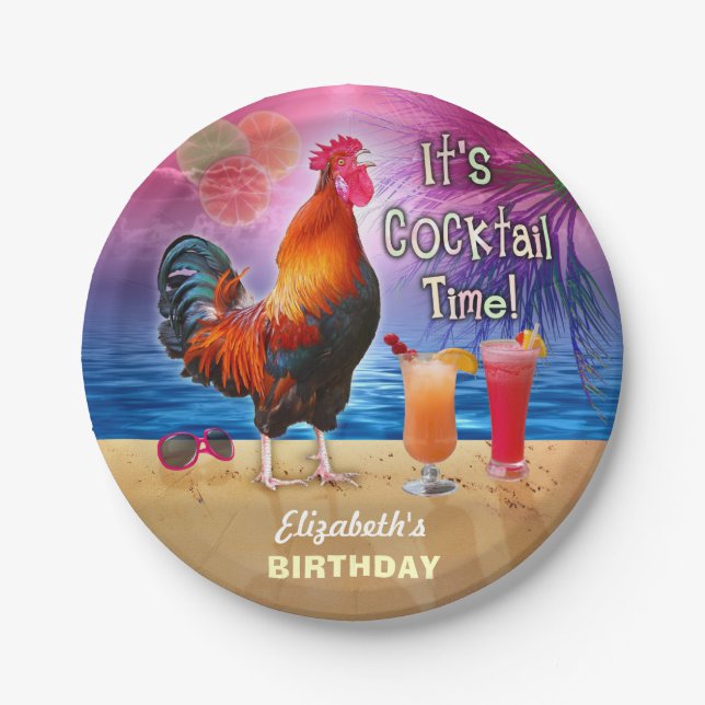 Cocktail Party Tropical Rooster Funny Birthday Paper Plates (Front)