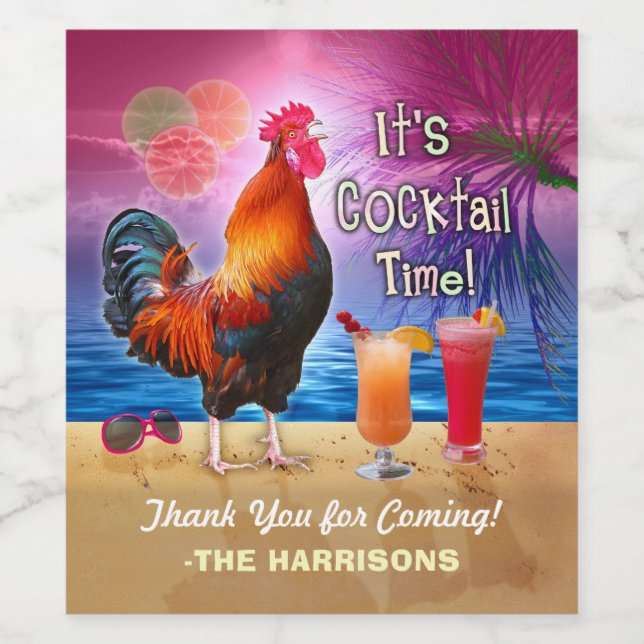 Cocktail Party Tropical Rooster Funny Birthday Wine Label (Single Label)