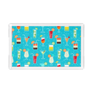 Cocktail Pattern on Teal Background Acrylic Tray