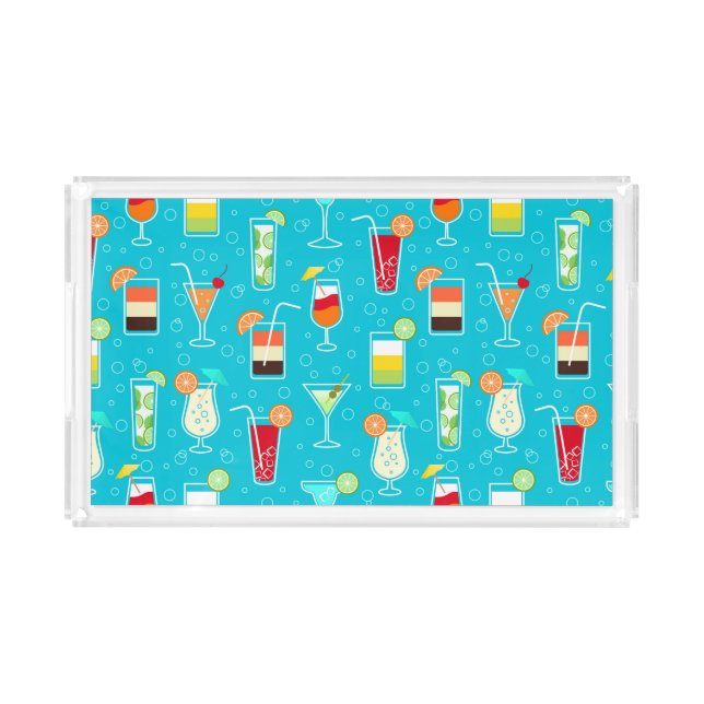Cocktail Pattern on Teal Background Acrylic Tray (Front)