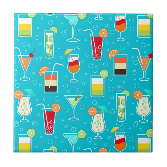 Cocktail Pattern on Teal Background Ceramic Tile (Front)