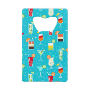 Cocktail Pattern on Teal Background Credit Card Bottle Opener