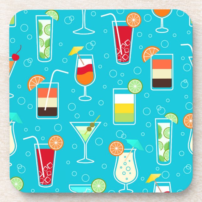 Cocktail Pattern on Teal Background Drink Coaster (Front)
