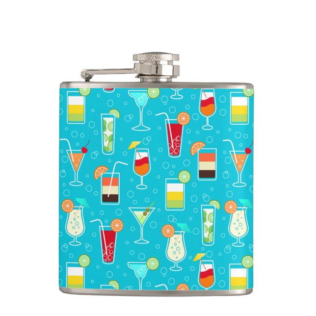 Cocktail Pattern on Teal Background Hip Flask (Front)
