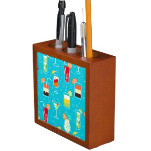 Cocktail Pattern on Teal Background Pencil/Pen Holder