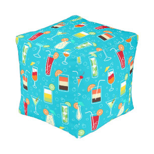 Cocktail Pattern on Teal Background Pouf