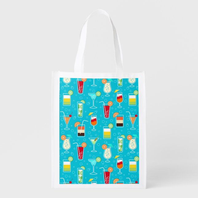 Cocktail Pattern on Teal Background Reusable Grocery Bag (Front)