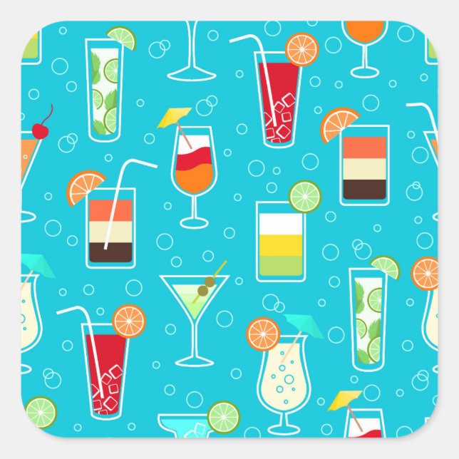 Cocktail Pattern on Teal Background Square Sticker (Front)