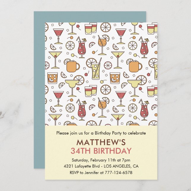 Cocktail Pattern Retro Champagne 34th birthday Invitation (Front/Back)