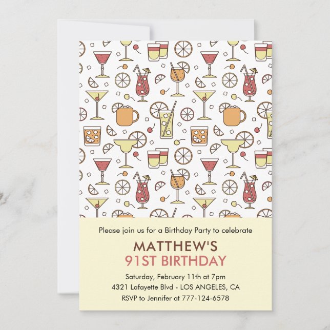 Cocktail Pattern Retro Champagne 91st birthday Invitation (Front)