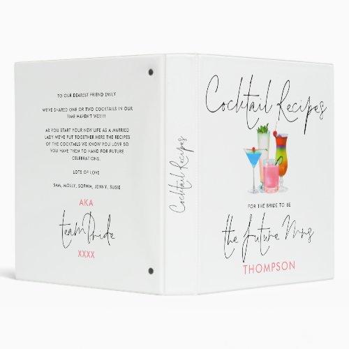 Cocktail Recipes for The Future Mrs Elegant Script 3 Ring Binder