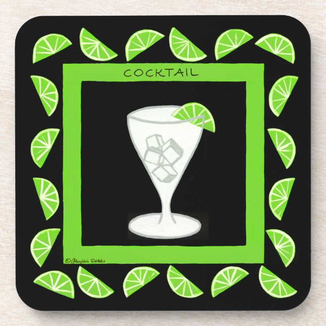 Cocktail Retro Drink Art Green Limes on Black Beverage Coaster (Front)