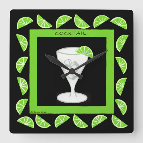 Cocktail Retro Drink Green Limes on Black Square Wall Clock