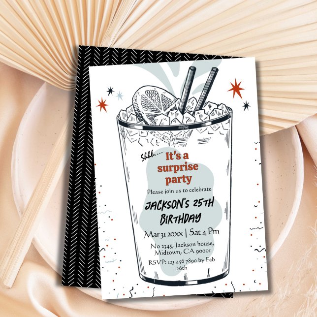 Cocktail retro drink themed 25th surprise Birthday Invitation (Creator Uploaded)