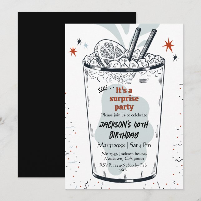 Cocktail retro drink themed 40th surprise Birthday Invitation (Front/Back)