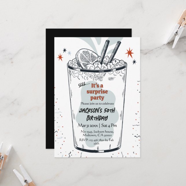 Cocktail retro drink themed 50th surprise Birthday Invitation (Front/Back In Situ)