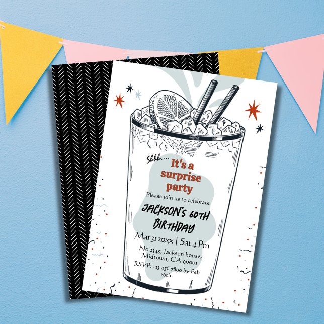 Cocktail retro drink themed 60th surprise Birthday Invitation (Creator Uploaded)