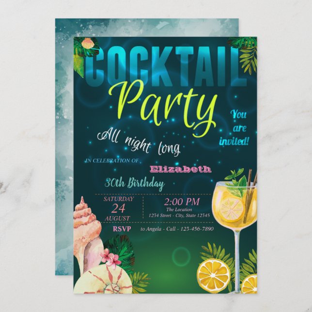 Cocktail,Seashell Summer Birthday Party Invitation (Front/Back)